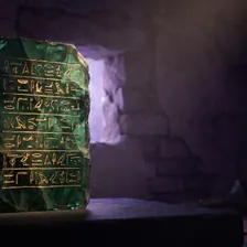 Tábua de esmeralda antiga sobre pedra escura, com sete linhas de inscrição iluminadas por uma luz dourada que vem de cima
