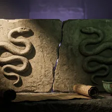 Dois blocos de pedra lado a lado, cada um com uma serpente esculpida em relevo; a da esquerda em luz ocre, a da direita em sombra verde musgo, com uma fenda entre elas