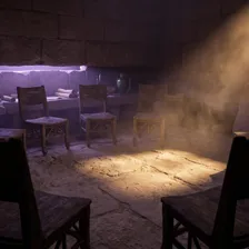 Círculo de cadeiras vazias numa sala de pedra escura, com uma única fonte de luz alta atravessando a poeira do ar