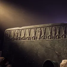Placa de pedra ao estilo da Paleta de Narmer com uma fileira de figuras decapitadas em relevo, sob luz rasante numa sala escura
