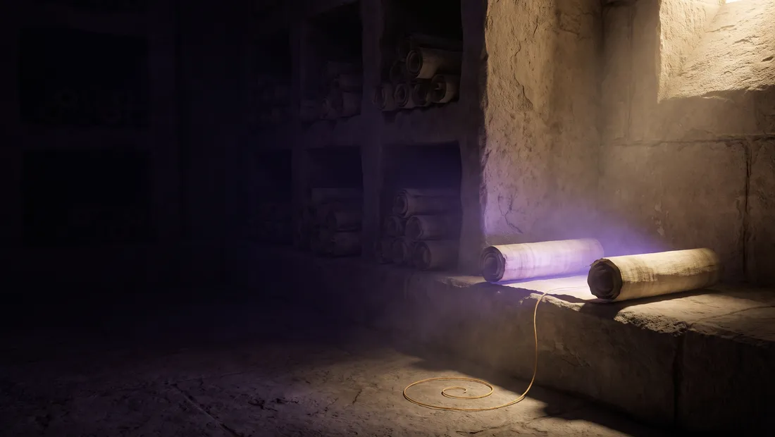 Arquivo antigo de pedra com rolos de papiro guardados em nichos; um rolo aberto sobre uma bancada emite luz violeta e dele sai um fio de ouro que se enrola em espiral no chão